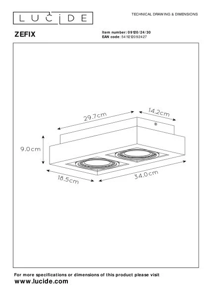 Lucide ZEFIX - Plafondspot - LED Dim to warm - GU10 - 2x12W 2200K/3000K - Zwart - technisch
